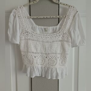Cropped white crochet peplum crop top